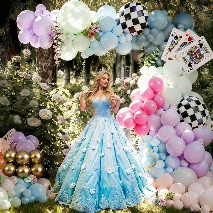 Pink Blue Green Balloons Garland Arch Kit, 125Pcs Pastel Pink Blue Purple Balloons, Dusty Green Hot Pink Gold Balloon Checkered Foil Balloon for Princess Fairy Birthday Spring Garden Tea Party Decor