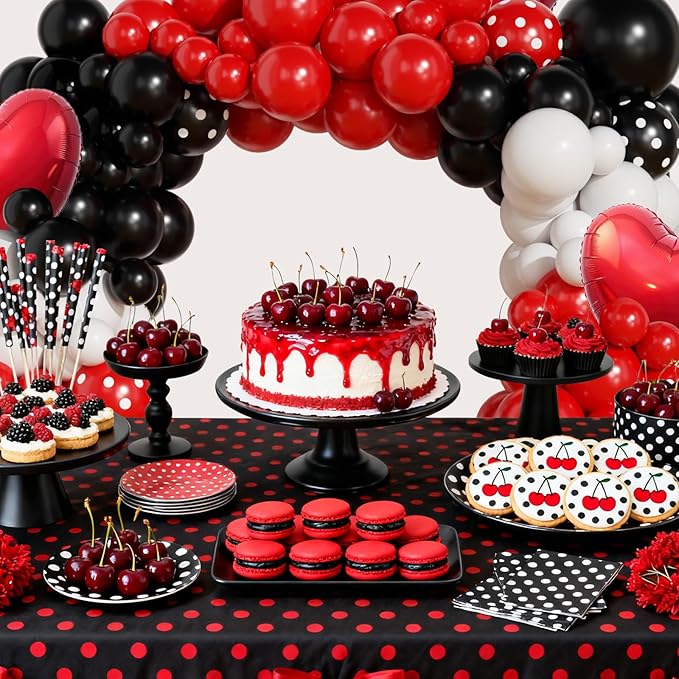 JOGAMS 172Pcs Betty Party Decorations,Red and Black Party Decorations with Red Heart Foil Polka Dot Green 260 Long Balloons for Bachelorette Birthday Baby Shower Vintage Retro Party