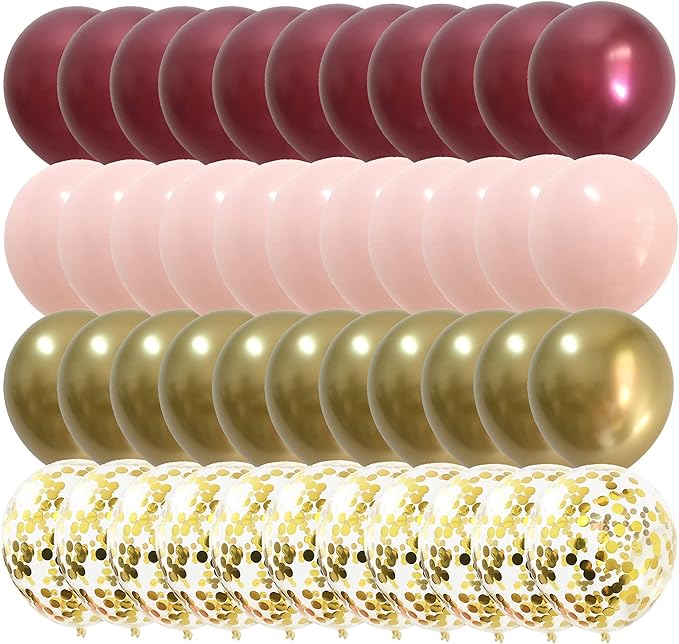 Pink Burgundy Gold Balloons – Metallic Wine Red Gold Balloons for Wedding Bridal Baby Shower Graduation Birthday Anniversary Party Decorations 50packs (Pink + Maroon)