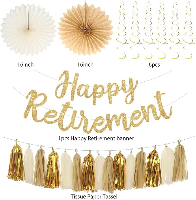 Roetyce Retirement Party Decorations Women Men, Gold Glitter Happy Retirement Banner Paper Fans Pompoms Kit, Office Retired Party Supplies for Coworker Friend, Funny Legend Has Retired Photo Backdrop