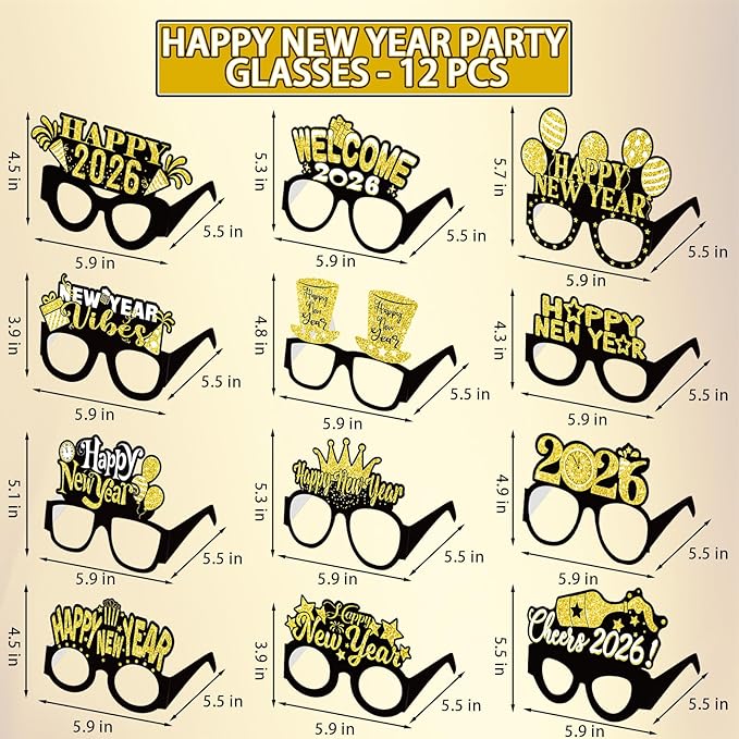 12PCS New Year Glasses, Funny New Years Eve Party Paper Glasses Photo Booth Props 2026 Eyeglasses Frames for NYE Party Supplies Decorations 2026