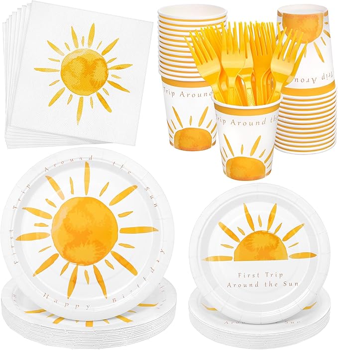 Kochorie 144 Pieces Boho Sun Birthday Party Decorations Tableware Sets Including Disposable Bohemia Sunshine Plates Napkins Cups Forks Serves 24 for Sun Baby Shower Party Supplies