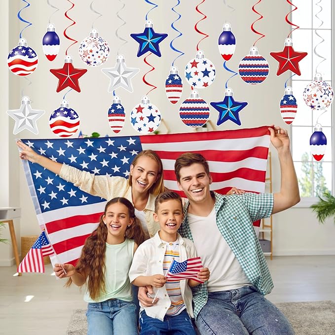 YQUQWN 48 PCS 4th of July Hangings Swirl Decorations, Independence Day Patriotic Party Supplies, No DIY Ceiling Streamers Decor for Holiday Birthday Wedding Veteran Day Tree Red White Blue Decorations