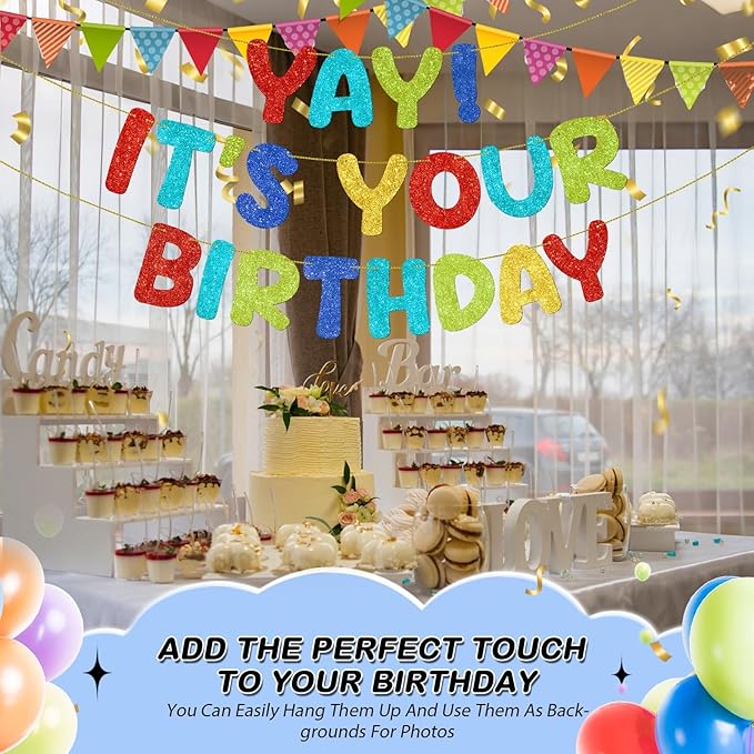 Fulmoon Pre Strung Yay It's Your Birthday Banner Glitter Happy Teen Boys Teen Girls Adult Banner Glitter Funny Birthday Party Decorations(Colorful)