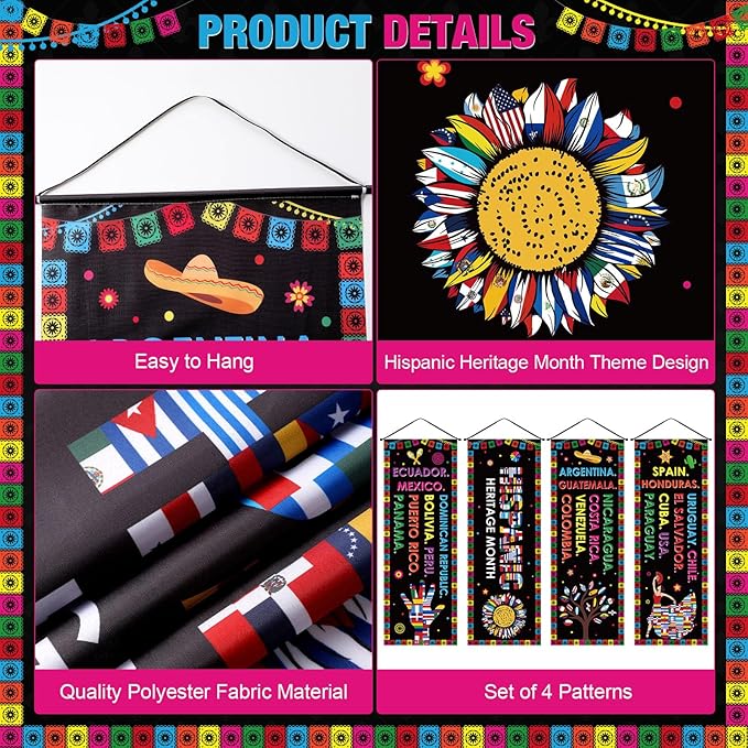 Panelee 4 Pcs Hispanic Heritage Month Decorations National Hispanic Heritage Month Banner Latin American Porch Signs Spanish Classroom Decor for Classroom Home Wall Indoor Outdoor Hanging Backdrop