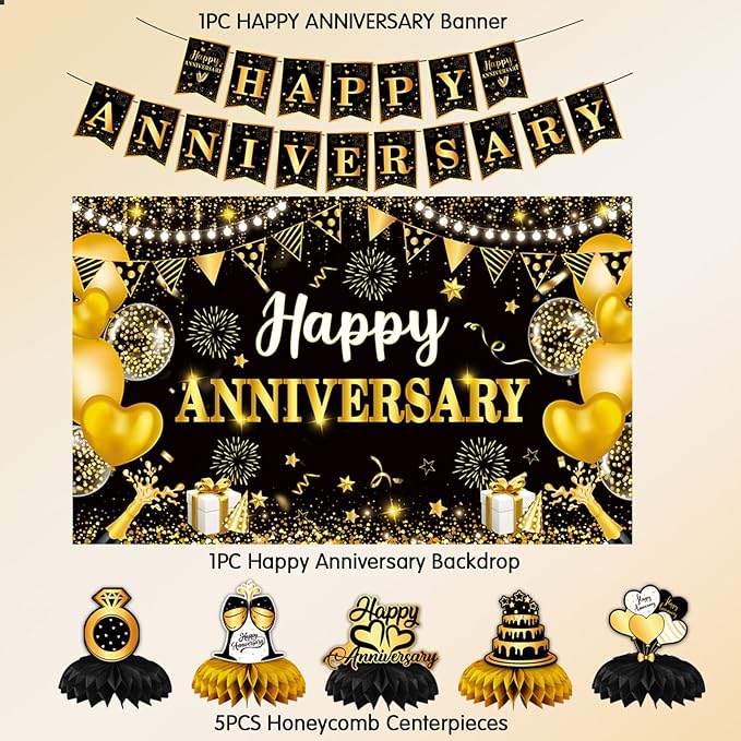 Happy Anniversary Decorations, Black and Gold Happy Wedding Anniversary Party Supplies - Happy Anniversary Banner,Backdrop 5.9 x 3.6Ft with 5pcs Honeycomb Centerpiece for Work Decorations