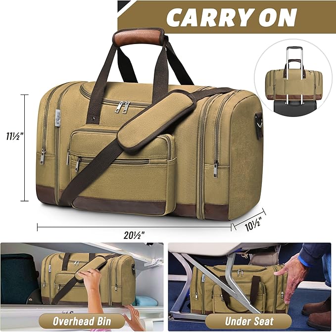 Wolhbege Duffle Bag for Travel,Mens Travel Bag & Carry On Bag for Men with Expandable Design and Luggage Sleeve –Duffel Bag for Gym, Weekender,Canvas,Overnight Trips Khaki