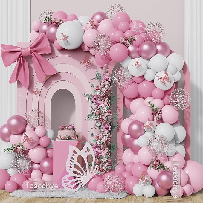 152Pcs Pastel Light Pink White Metallic Pink Balloon Arch Garland Kit,Pink White Rose Gold Confetti Balloon With Butterfly Stickers for Baby In Bloom Baby Shower Decorations Birthday Wedding Decor