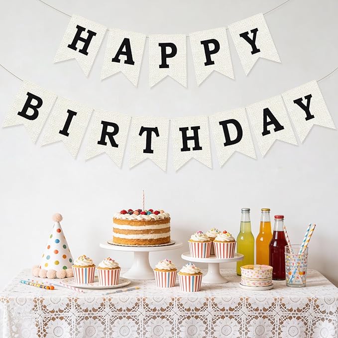 Burlap Happy Birthday Banner, Black Assembled Happy Birthday Banner Sign Garland for Boys Girls Rustic Party Decorations