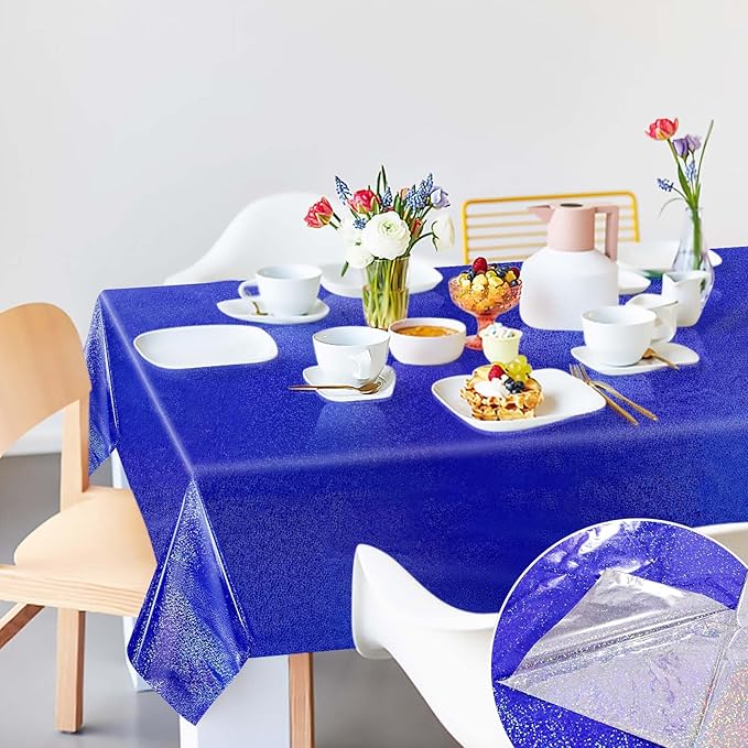 2 Pack Blue Iridescent Plastic Tablecloth Disposable 54 × 108 Inch Glitter Holographic Foil Table Cloth Plastic Laser Rectangle Table Cover for Birthday Wedding Disco Party