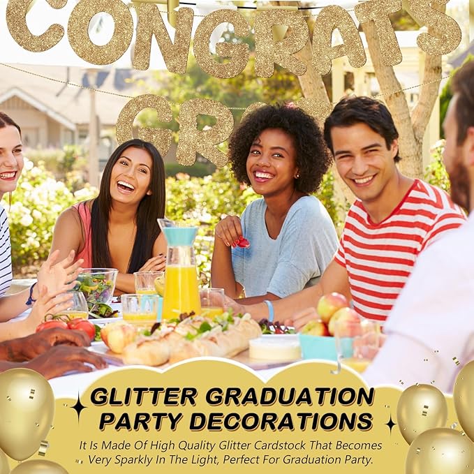 Fulmoon Pre Strung Congrats Grad Banner Glitter Congratulations Banner College Graduation Sign Class of 2026 Grad Party Decorations for High School University Graduation Party Favor(Champagne Gold)