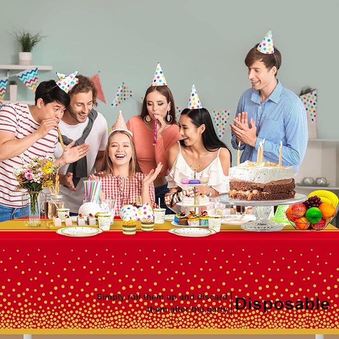 12 Pack Red and Gold Tablecloth Party Decorations Plastic Red Tablecloth Printed Gold Table Runner 54 x108 Inch Disposable Rectangle Table Cover for Birthday Wedding Graduation Anniversary