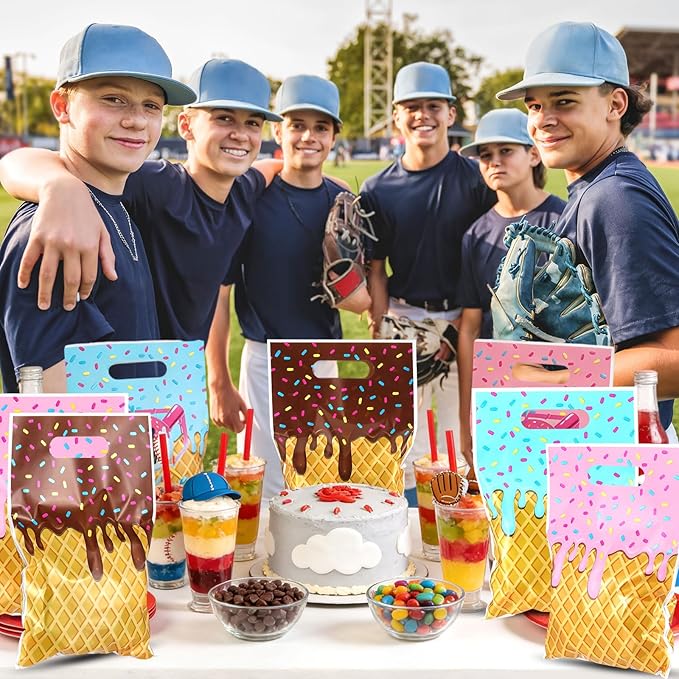 Glenmal 50 Pcs Baseball Ice Cream Drip Party Favors Gift Bags Plastic Ice Cream Baseball Goodie Candy Treat Snack Bags for Birthday Party Supplies