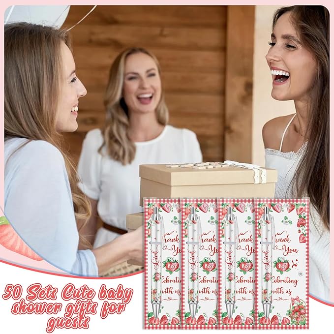 50 Pcs Strawberry Baby Shower Ballpoint Pens Favors Bulk,Baby Shower Gifts for Guest Prizes Neutral Gender Reveal Includes 50 Rolling Paper Pens and 50 Greeting Cards Souvenirs (Strawberry)