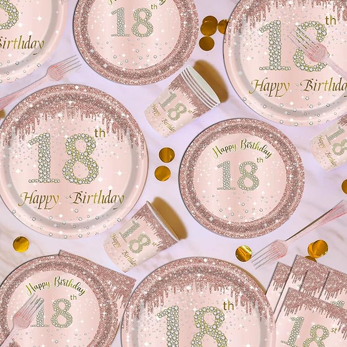 121Pcs 18th Birthday Party Supplies Plates Napkins Cups Forks Tablecloth Rose Gold Happy 18th Birthday Themed Disposable Tableware Decorations Serves 24 Guests for Girls 18 Years