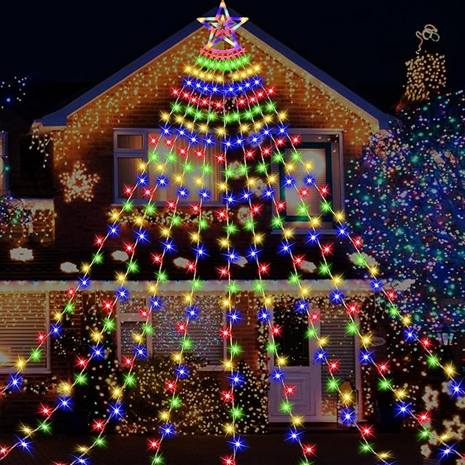Christmas Decoration Lights, Outdoor Christmas String Lights 320 LED 11.5 Ft Waterfall Tree Light with Big Star Topper 8 Light Modes for Xmas New Year Holiday Garden Yard Indoor Outdoor Decor