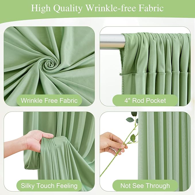 Sage Green Backdrop Curtains with Lights,10x10FT Wrinkle Free Photo Curtains Backdrop Drapes Fabric for Baby Shower Birthday Ceremony Reception Home Party Decorations-5ft x 10ft,2 Panels