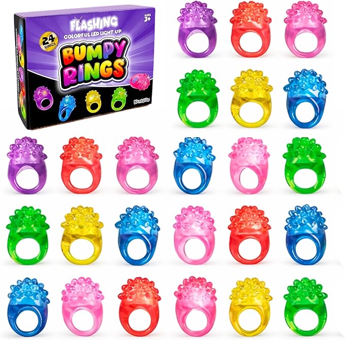 Kangaroo 24 Pack LED Light up Rings for Kids Bulk - Flashing Colorful LED Finger Lights Party Favors for Fun - Glow in the Dark Bumpy Blinky Rings for Rave Trinkets and Easter Basket Stuffers for kids