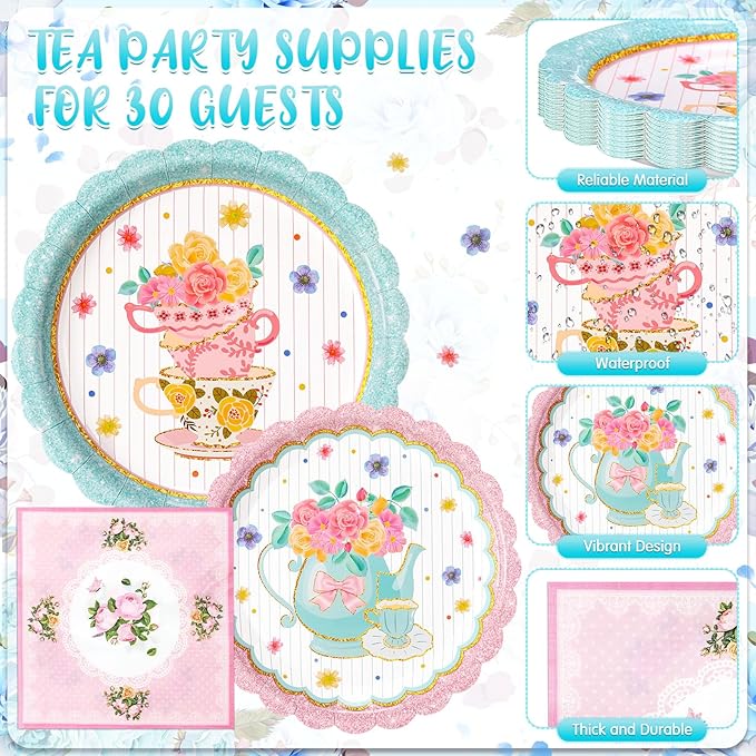 240 Pcs Tea Party Supplies 30 Guests Include Disposable Dinner Plates Dessert Plates Cups Saucers Napkins Knives Forks Spoons Floral Tea Party Tableware Set for Birthday Baby Shower Favors