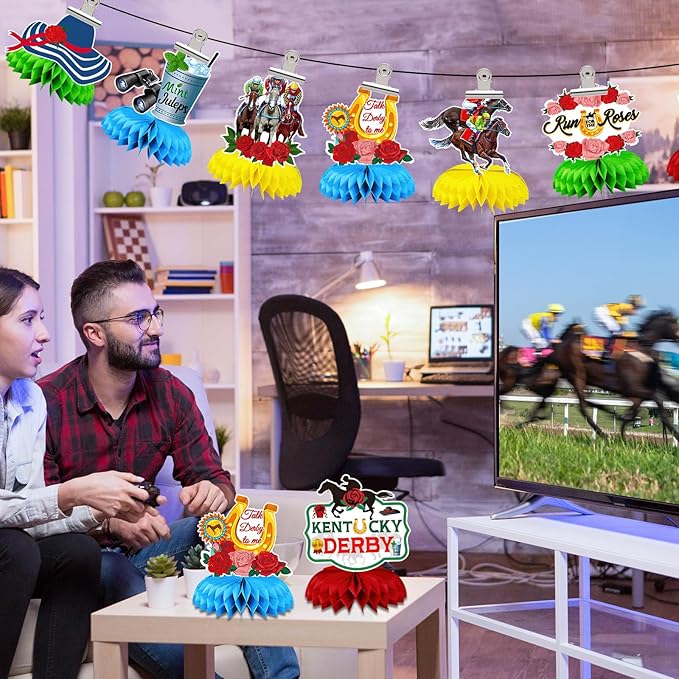 JULMELON 8PCS Derby Party Decorations Honeycomb Centerpieces, 3D Horse Racing Decor Derby Centerpieces for Tables Kentucky Party Supplies Derby Day Decorations