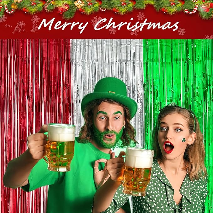 3 Pack Christmas Foil Fringe Curtains, 3.3 x 6.6 ft Red Silver Green Tinsel Fringe Party Photo Backdrop for Christmas, New Year,Ugly Sweater Party Decorations