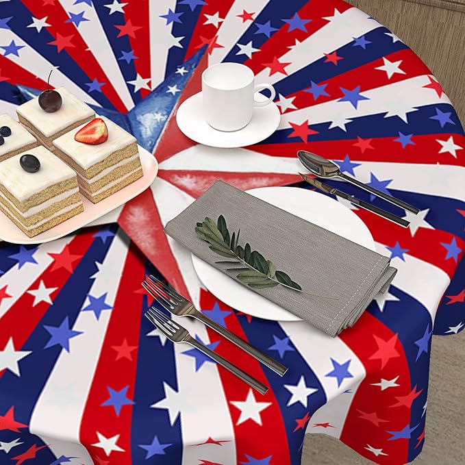 4th of July Tablecloth 60 Inch Round Memorial Day Patriotic Tablecloth Washable Polyester Fabric American Flag Table Cloth Independence Day Table Cover For Dining Room Picnic Kitchen Outdoor Decor