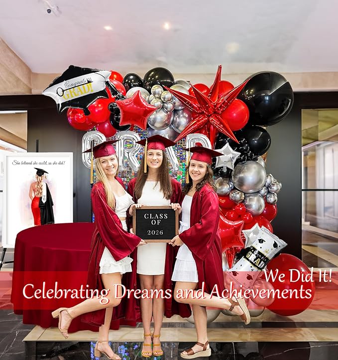 Black Red and Silver Balloon Garland Arch Kit 130+ Pieces with Red and Silver Stars, Graduation Certificate Graduation Cap GRAD Letters Mylar Balloons for 2026 Graduation Prom Decorations