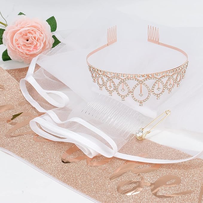 CIEHER Crystal Crown + Bride to Be Sash + Bridal Veil Set, Bachelorette Party Decorations - Rose Gold