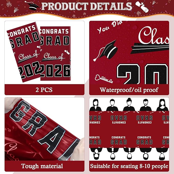 OHOME Maroon Graduation Decorations Class of 2026 - Graduation Party Decorations 2026 - Disposable Plastic Tablecloth for Class of 2026 Decorations Party Favors Supplies Banner,54" X 108",2 Pack