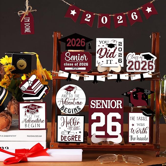 22 Pcs 2026 Graduation Tiered Tray Decor Sets Wooden Graduation Class of 2026 Table Decorations Senior 2026 Gown Diploma Farmhouse Signs for Home Shelf Party Office Desk(Dark Red)