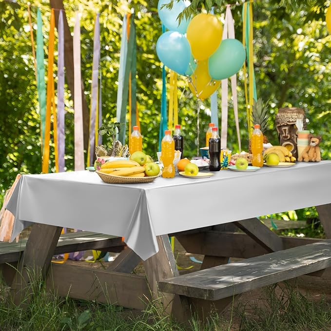 2 pcs Silver Tablecloth Plastic -Stunning Metallic Matte Finish, 40" x 108" White Table Cloth, Perfect for Wedding Christmas Birthday Party Decorations Anniversary Table Supplies