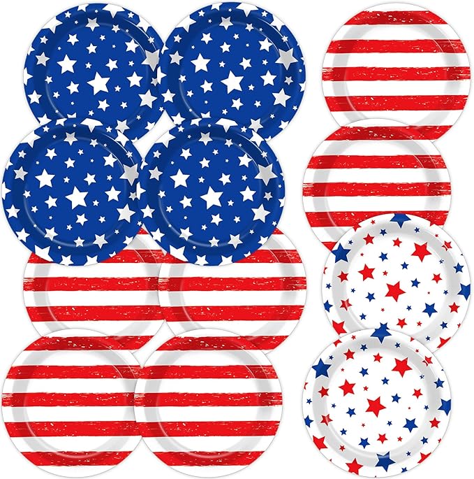 60pcs 4th of July Party Supplies Set American Flag Patriotic Party Paper Plates Disposable Red White Blue Star Dinnerware for Veterans Election Day 4th of July Independence Day Decorations Serve 60