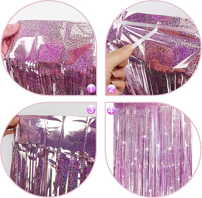 Pink Backdrops Curtains Party Decorations, Tinsel Streamers Birthday Decoration for Women Sweet 16, Photo Booth Props for Princess, Wedding, 4Pack 3.28X6.56Ft