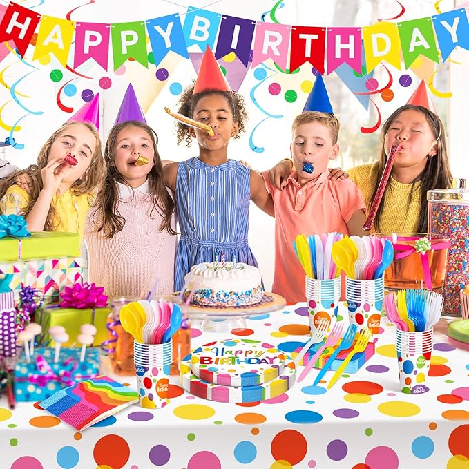 Zhehao Serves 129 Pcs Happy Birthday Party Supplies Set with Plates Napkins Cups Cutlery Rainbow Dot Birthday Decorations Kit Banner Tablecloth Hanging Honeycomb Balls Garland for Birthday Party