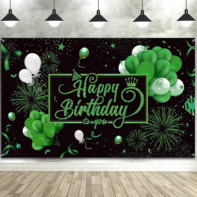 Blulu Happy Birthday Backdrop Banner Sign Poster Large Fabric Glitter Balloon Fireworks Sign Photo Backdrop Background for Birthday Party Decoration Supplies, 72.8 x 43.3in(Green)