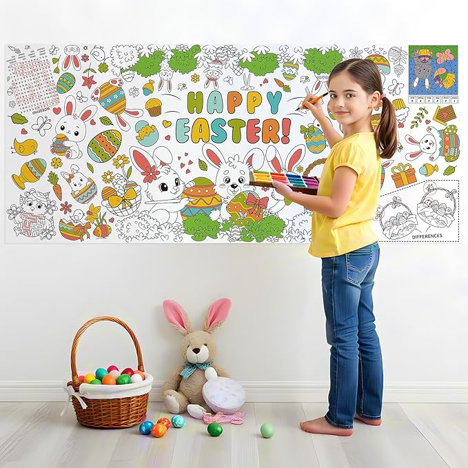 Giant Easter Coloring Poster - Large Happy Easter Coloring Tablecloth Cover, Jumbo Cute Bunny Paper Colorable Table Cloth Banner for Easters Gifts Activities Game Party Decorations Props, 31 x 72Inch