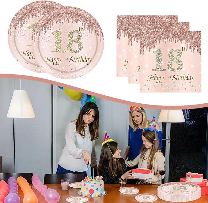18th Rose Gold Birthday Plates and Napkins, 9 Inch Pink Rose Gold Disposable Dinner Dessert Plates Happy 18th Birthday Party Supplies Decorations for Girls Women