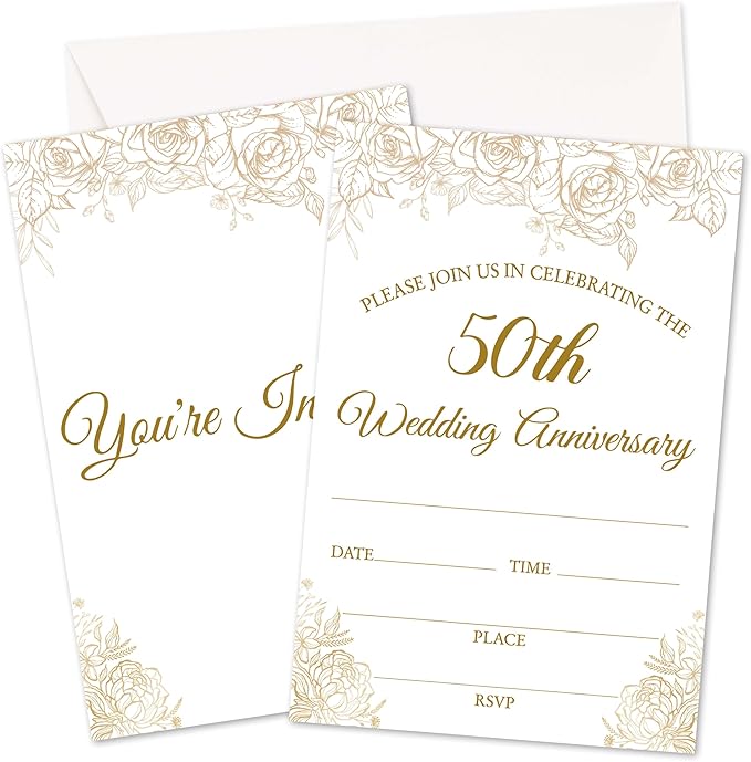 50th Wedding Anniversary Invitations, Gold Rose Invites Cards For Couple, Happy 50th Anniversary Party Celebration Favors Supplies, 25pcs Banquet Party Fill In Invitation Cards With Envelopes -02