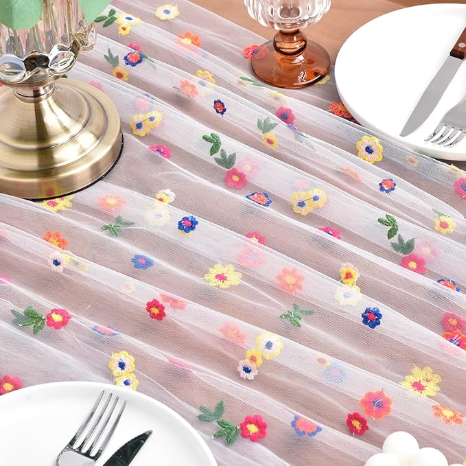 Joanlody 6pcs Ivory Embroidery Daisy Spring Summer Table Runner Florals Seasonal Easter Tulle Table Runner Holiday Kitchen Dining Table Decoration Wedding Party