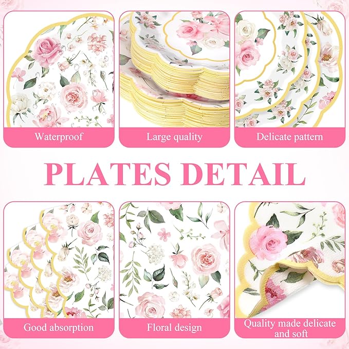 LemonRoad 452 Pcs Pink Floral Party Decorations for 50, Tea Party Paper Plates Napkins Cups Tablecloth Cutlery Straws Floral Disposable Tableware for Spring Bridal Shower Baby Shower Birthday Supplies