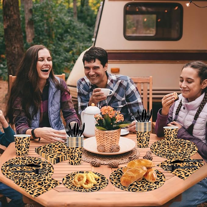 144PCS Leopard Print Party Supplies Cheetah Print Party Tableware Set Paper Plates Napkins Cups Cutlery for Birthday Shower Baby Shower Jungle Safari Theme Party Decorations Serve 24