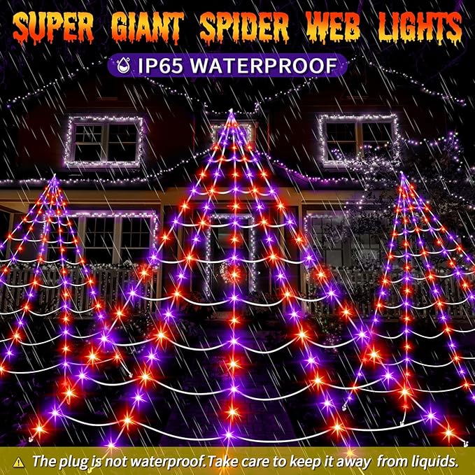 Halloween Decorations Outdoor, 250LED 23x18 FT Giant Spider Web with Purple Orange Lights, Lighted Triangular White Spider Web with Sturdy Wire, Waterproof, Timer, 8 Modes for Yard Halloween Décor