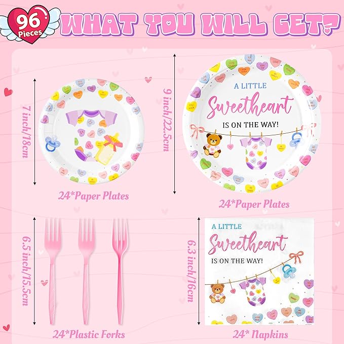 A Little Sweetheart Is On The Way Baby Shower Party Plates Supplies - Serves 24-96Pcs Conversation Heart Tableware Decoration Disposable Paper Plates Napkin Fork for Birthday