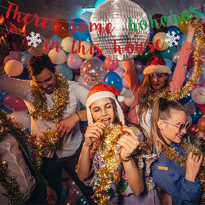 There's Some Ho Ho Hos in This House Banner, Glittery Red Green Christmas Party Decorations Banners Winter Holiday Garland Photo Props Banner for Party Home Office Decorations