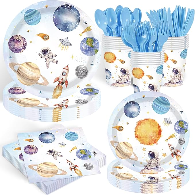 140PCS Space Themed Paper Plates Party Supplies Decorations, Birthday Paper Plates First Trip Around The Sun Astronaut Planet Cake Plate Tableware Dinner Set for Boys Girls Birthday Shower