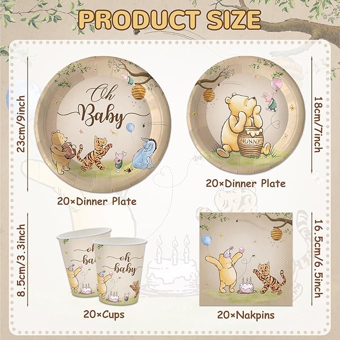 120PCS Vintage Winnie Bear Party Supplies for Kids Brown Birthday Party Set Baby Shower Bear Decorations Plates Napkin Cups Tableware Set for 20 Guests
