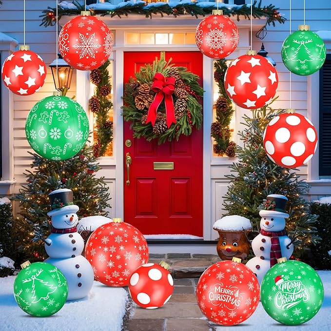 12 Pack Giant Inflatable Christmas Ornaments for Outdoor Decoration, Big Christmas Balls for Front Door Yard Tree Hanging (9 Inch, 12 Inch, 16 Inch)