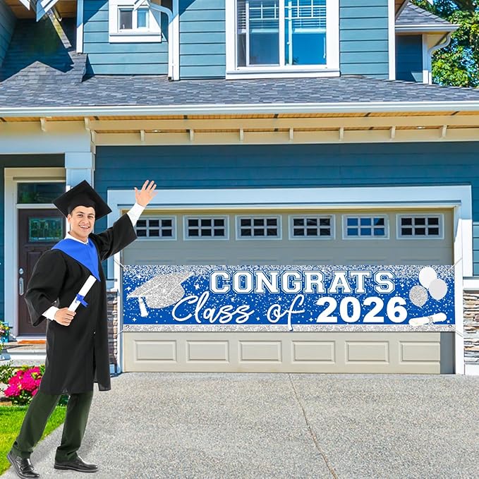 Large Congrats Grad Banner Light Blue Class of 2026 Banner Backdrop 2026 Yard Sign for Graduation Party Supplies Graduation Decorations 2026 (Light Blue)