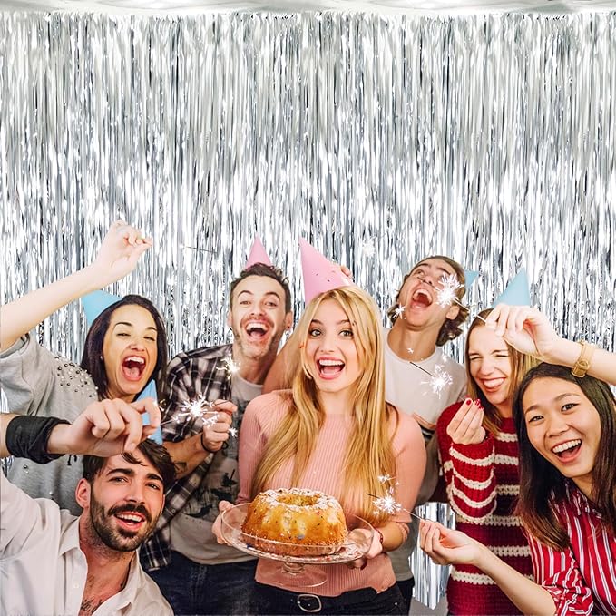 GOER 3.2 ft x 8.2 ft Metallic Tinsel Foil Fringe Curtains,Party Streamer Backdrop for Birthday,Graduation Decorations and New Year Eve (Silver,2 Packs)