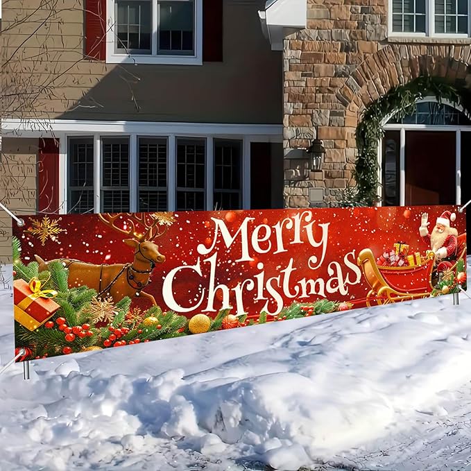Merry Christmas Banner 79x18 Inches Santa Sleigh and Reindeer Christmas Fence Banner Outdoor Holiday Backdrop for Yard Wall Christmas Door Decorations Large Winter Backdrop Outdoor Display